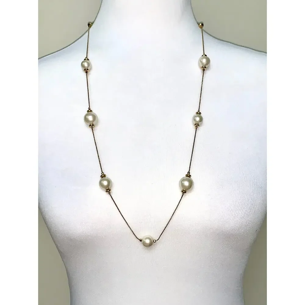 Vintage AKD Gold Tone Faux Pearl Station Long Necklace
